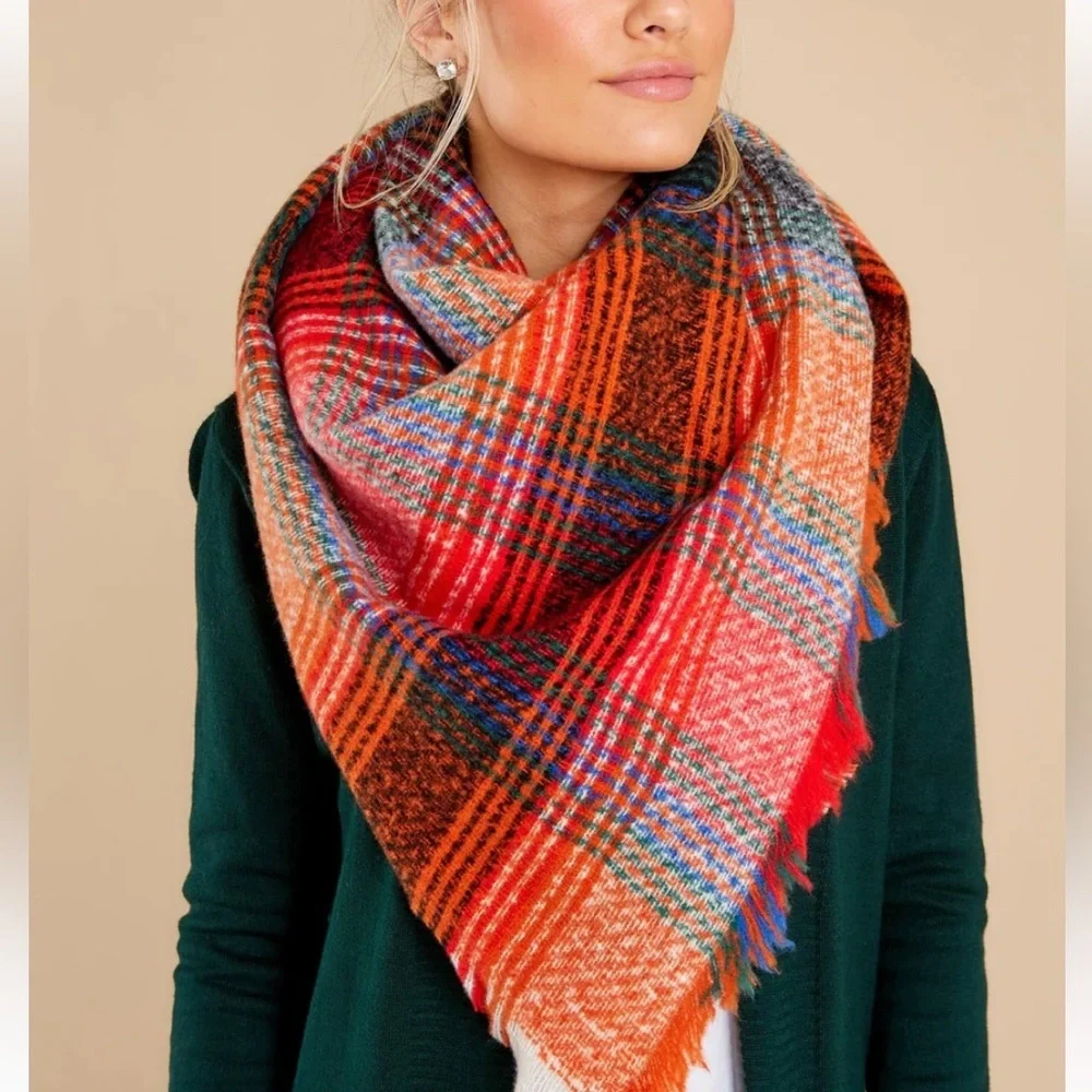 Orange multi plaid scarf